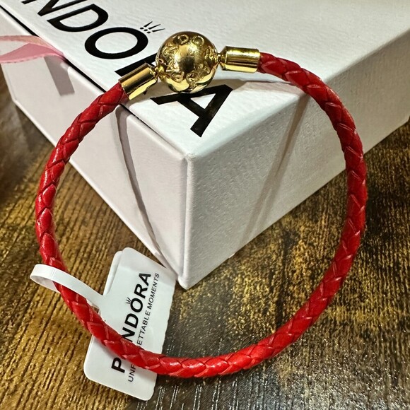 Authentic Pandora Red Leather Braided Wrap Bracelet, Gold Plated Clasp, SZ 23CM - Picture 4 of 4